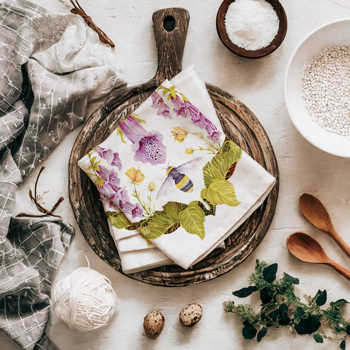 Sarah Rose - Foxglove and Bee Placement Organic Linen Tea Towel