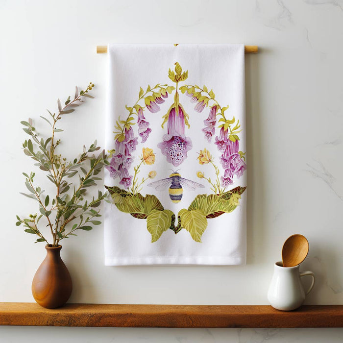 Sarah Rose - Foxglove and Bee Placement Organic Linen Tea Towel