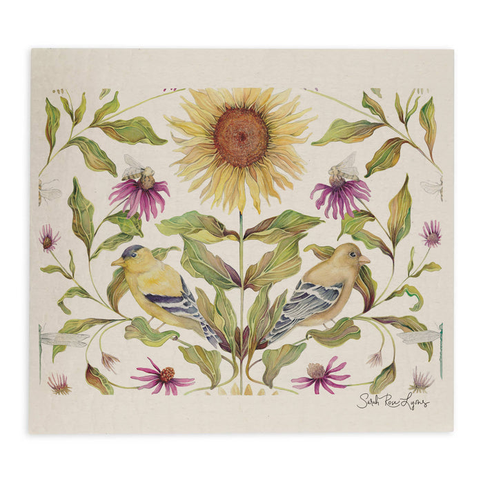 Sarah Rose - Goldfinch and Sunflowers Swedish Dishcloth